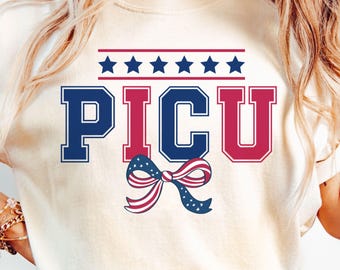 4th of July PICU Coquette Bow Comfort Colors Nurse Shirt, Pediatric icu Nurse TShirt, PICU RN T Shirt, Patriotic Pediatrics Nurse T-Shirt