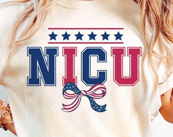 4th of July NICU Coquette Bow Comfort Colors Nurse Shirt, Neonatal icu Nurse TShirt, NICU RN T Shirt, Patriotic Neonatal Nurse T-Shirt