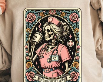 Registered Nurse Skeleton Tarot Card Halloween Sweatshirt, Spooky Floral RN Sweatshirt, Fall ICU Nurse Sweatshirt, RN Halloween Pullover