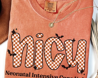 NICU Halloween Retro Checkered Comfort Colors Shirt, Spooky Fall Neonatal Intensive Care Unit NP TShirt, Neonatal ICU Boo Crew Nurse Shirts
