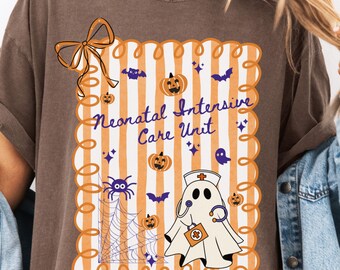 NICU Nurse Halloween Coquette Bow Doodle Comfort Colors Shirt, Fall Neonatal ICU Shirt, Cute Spooky Ghost Neonatal Intensive Care Unit Shirt