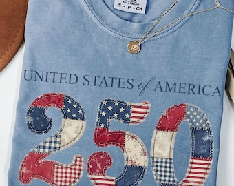 America 250th Anniversary Comfort Colors© Shirt, USA Faux Floral Gingham Patchwork Shirt, Semiquincentennial Shirt, 4th of July Shirt