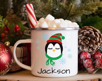 Kids Hot Cocoa Christmas Mug, Childrens Hot Chocolate Camping Cup Personalized, Kids Mugs, Kids Cups, Christmas Eve Gifts, XMas Penguin Mug