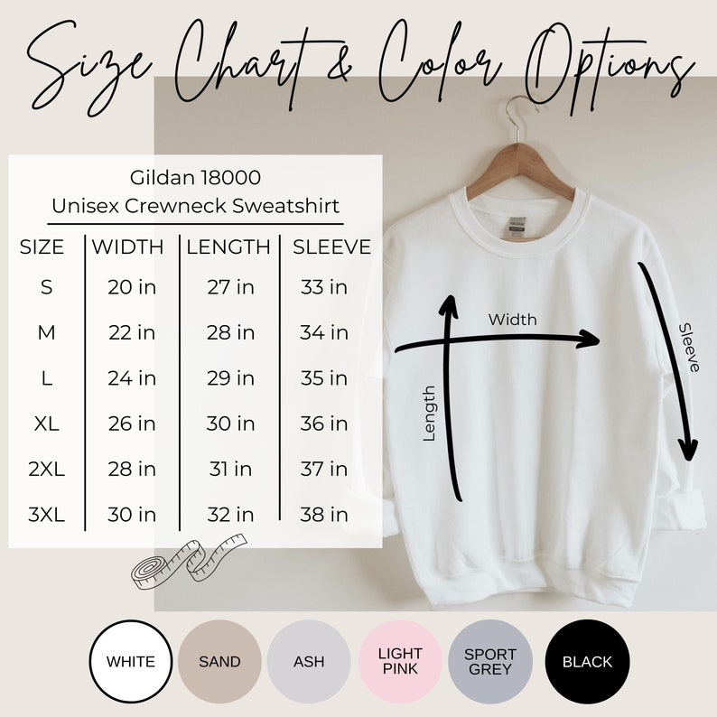 Puede incluir: Tabla de tallas y opciones de color para una sudadera con cuello redondo unisex Gildan 18000. La tabla muestra las medidas en pulgadas para el ancho, la longitud y la longitud de la manga para las tallas S a 3XL. Las opciones de color incluyen blanco, arena, ceniza, rosa claro, gris deportivo y negro.