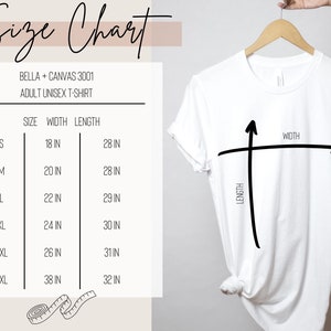 Op de afbeelding: Maattabel voor Bella + Canvas 3001 unisex T-shirt voor volwassenen. De tabel toont de breedte en lengte in inches voor de maten S, M, L, XL, 2XL en 3XL.
