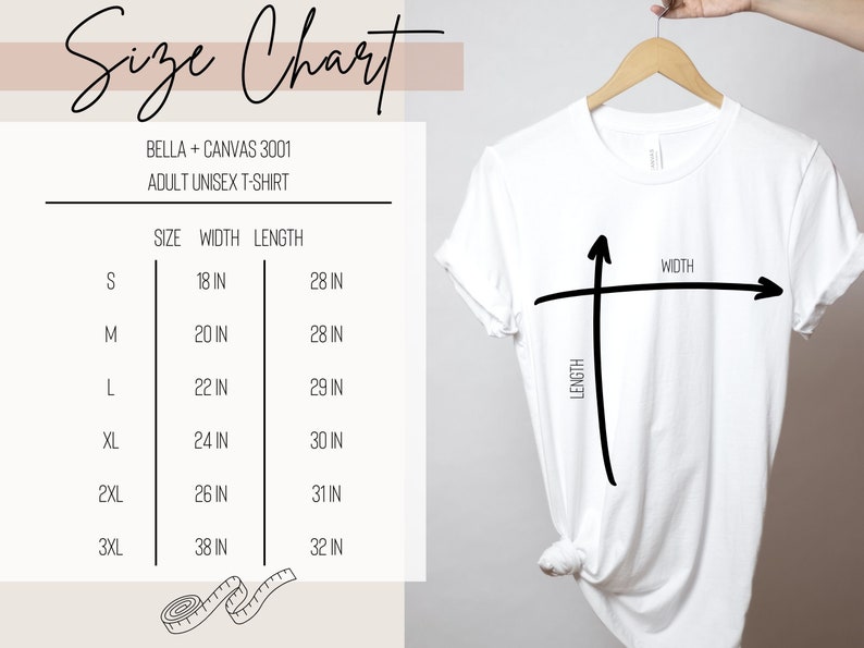 Op de afbeelding: Maattabel voor Bella + Canvas 3001 unisex T-shirt voor volwassenen. De tabel toont de breedte en lengte in inches voor de maten S, M, L, XL, 2XL en 3XL.