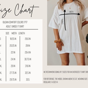 Puede incluir: Tabla de tallas para una camiseta unisex Gildan, que muestra las medidas de ancho y largo en pulgadas para las tallas S a 4XL. La tabla incluye el texto "Gildan Comfort Colors 1717 Adult Unisex T-Shirt".