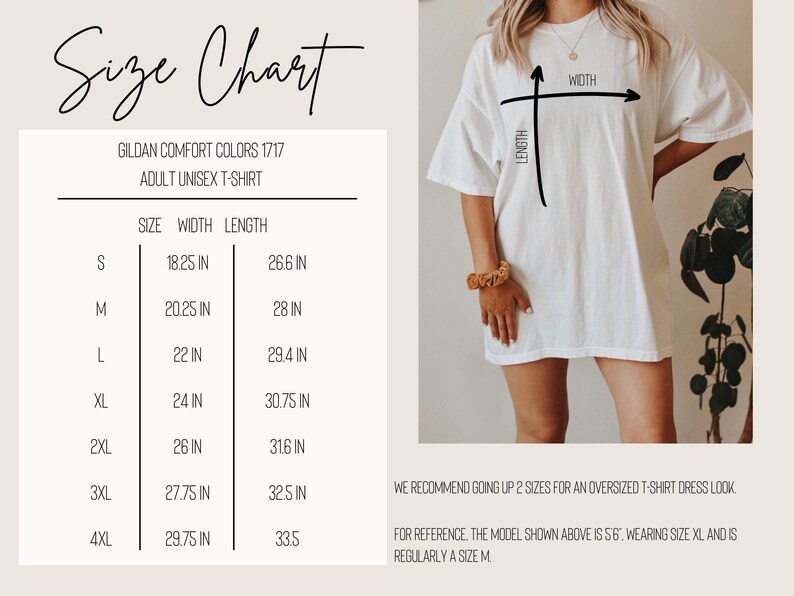 Puede incluir: Tabla de tallas para una camiseta unisex Gildan, que muestra las medidas de ancho y largo en pulgadas para las tallas S a 4XL. La tabla incluye el texto "Gildan Comfort Colors 1717 Adult Unisex T-Shirt".