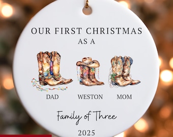 Family Of Three Christmas Ornament Western, Custom New Family Ornament, Cowboy Baby's First Christmas Ornament, Personalized Family Ornament