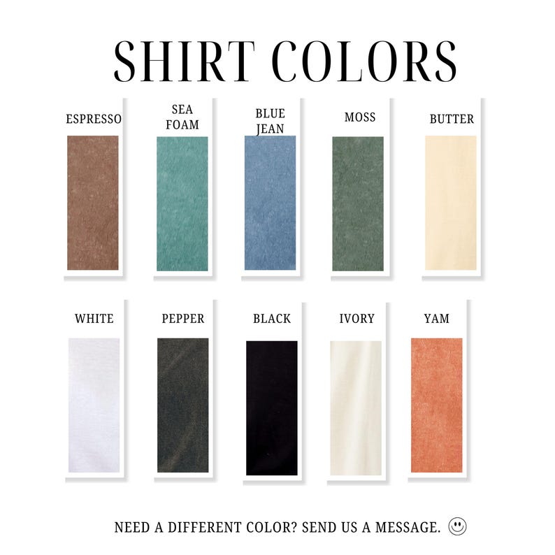 K&ouml;nnte beinhalten: Ein Farbfeld f&uuml;r Hemden mit zehn verschiedenen Farbt&ouml;nen. Die Farben sind Espresso, Sea Foam, Blue Jean, Moss, Butter, Wei&szlig;, Pfeffer, Schwarz, Elfenbein und Yam. Der Text "SHIRT COLORS" steht oben.