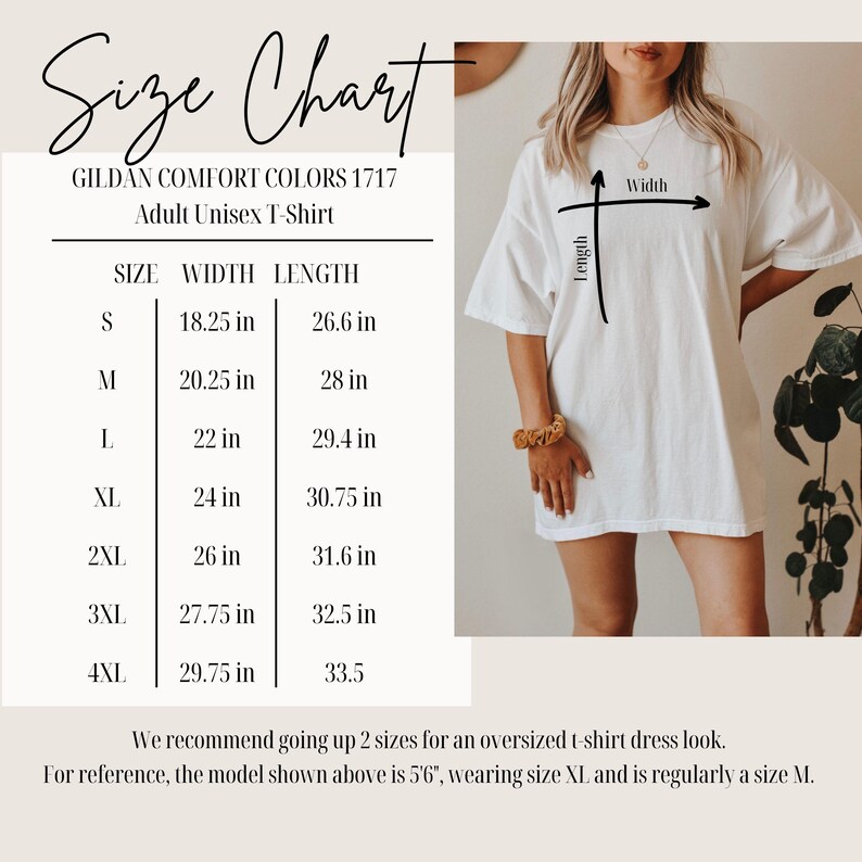 Op de afbeelding: Wit Gildan Comfort Colors unisex T-shirt voor volwassenen. De afbeelding bevat een maattabel met afmetingen in inches voor maten S tot 4XL. Het model draagt maat XL. De tabel toont breedte- en lengtematen.