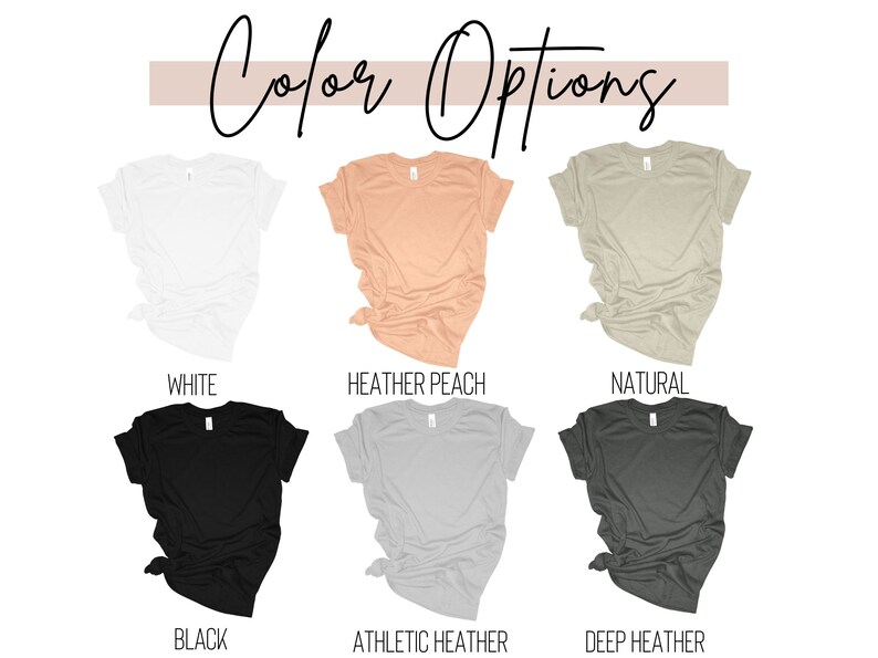Op de afbeelding: Zes verschillende t-shirts in verschillende kleuren op een witte achtergrond. De kleuren zijn wit, heidekleurig, naturel, zwart, sportgrijs en donkergrijs.