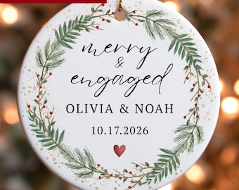 Merry & Engaged Engagement Ornament, Personalized Gift for Engaged Couple, Christmas Engagement Keepsake Gift, Newly Engaged Gift for Couple