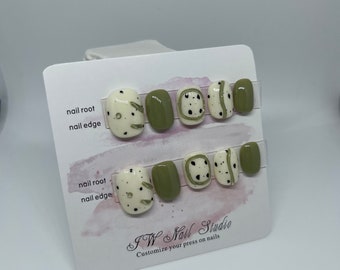 Olive Green Press On Nails, Abstract Nail Art Designs