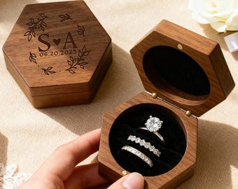 Personalized Engraving Wooden Ring Box, Custom Hexagon 3 Slot Ring Holder, Wedding Ceremony Ring Holder, Wedding, Proposal &Anniversary Gift