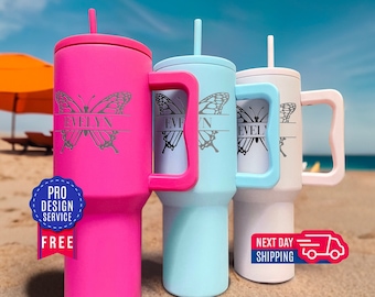 Personalized 40oz Tumbler with Handle & Straw, Laser Engraved Stainless Steel Tumbler, Custom Name Flowers initial Tumbler, Christmas Gift