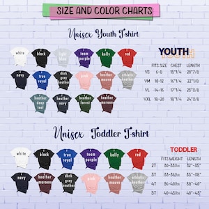 Op de afbeelding: Maat- en kleurtabellen voor unisex jeugd- en peuter T-shirts. De tabellen tonen verschillende kleuren en maten voor zowel jeugd- als peuter T-shirts. De jeugdtabel omvat maten van 6-8 tot 18-20, met bijbehorende borst- en lengtemaat. De peutertabel omvat maten van 2T tot 5T, met bijbehorende gewichts- en lengtemaat.
