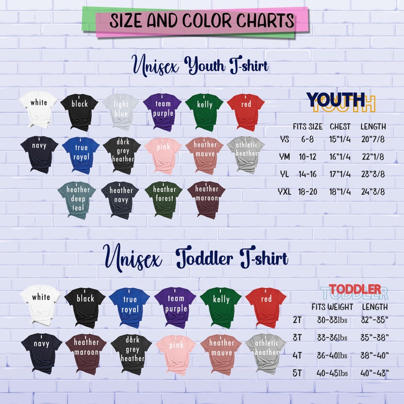 Op de afbeelding: Maat- en kleurtabellen voor unisex jeugd- en peuter T-shirts. De tabellen tonen verschillende kleuren en maten voor zowel jeugd- als peuter T-shirts. De jeugdtabel omvat maten van 6-8 tot 18-20, met bijbehorende borst- en lengtemaat. De peutertabel omvat maten van 2T tot 5T, met bijbehorende gewichts- en lengtemaat.
