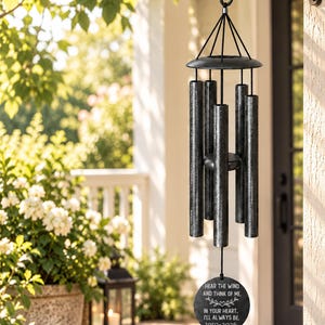 May include: A black metal wind chime featuring five cylindrical tubes with a weathered finish. A circular black wind catcher hangs at the bottom, engraved with the text: HEAR THE WIND AND THINK OF ME. IN YOUR HEART, I'LL ALWAYS BE. 1950-2026.