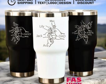 Dad Fist Bump Kids Names Tumbler, Father's Day Gift for Dad, Personalized Laser Engraved Stainless Steel Mug,Custom Dad Tumbler,Grandpa Gift
