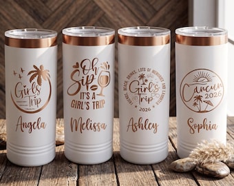 Personalized Vacation Tumbler, Custom Beach Trip Skinny Tumbler 22oz, Girls Trip Cup with Name, Matching Cruise Cup, Bachelorette Gift