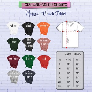 Op de afbeelding: Grafiek met maat- en kleuropties voor een unisex V-hals T-shirt. De grafiek bevat 12 kleuropties en een maattabel met borst- en lengtemaat in inches. Maten omvatten XS, S, M, L, XL, 2XL en 3XL.
