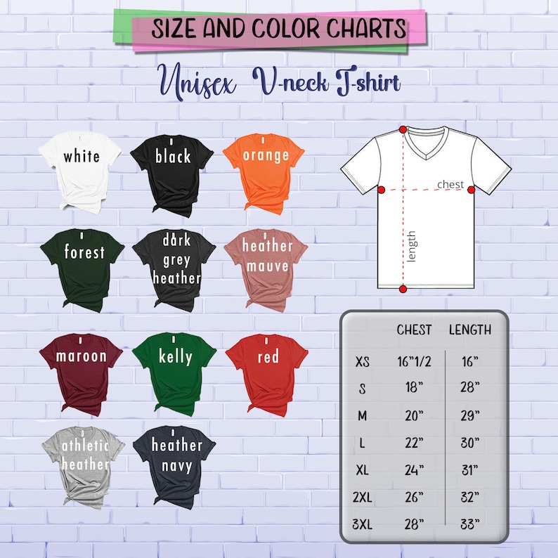 Op de afbeelding: Grafiek met maat- en kleuropties voor een unisex V-hals T-shirt. De grafiek bevat 12 kleuropties en een maattabel met borst- en lengtemaat in inches. Maten omvatten XS, S, M, L, XL, 2XL en 3XL.