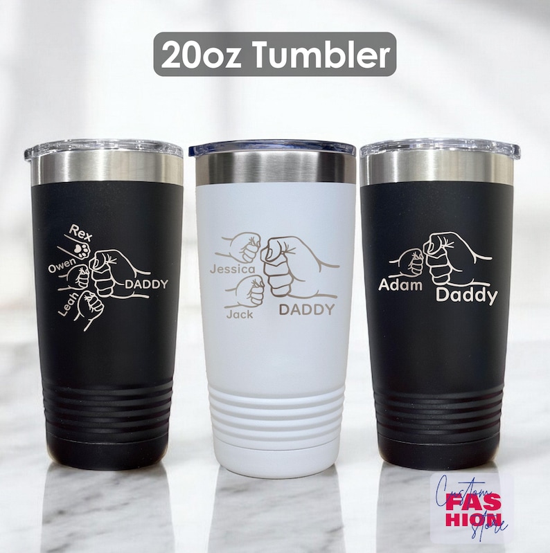 May include: Three 20oz tumblers with stainless steel lids. One black tumbler features a white graphic of three fists and the names Rex, Owen, and Leah. A white tumbler has a similar graphic with the names Jessica and Jack. The third black tumbler has the name Adam.