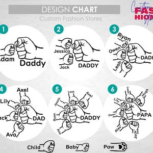 May include: Design chart for custom fashion stores. The image shows six circular designs with a hand-holding graphic. Each design features the word "Daddy" or "DAD" with names like Adam, Jessica, Ryan, Lily, and others.