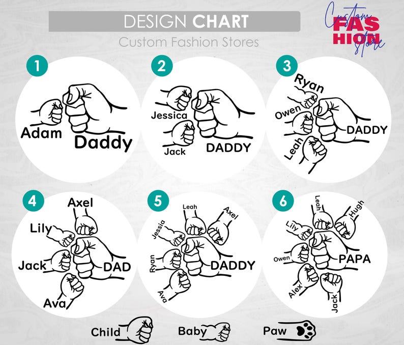 May include: Design chart for custom fashion stores. The image shows six circular designs with a hand-holding graphic. Each design features the word "Daddy" or "DAD" with names like Adam, Jessica, Ryan, Lily, and others.
