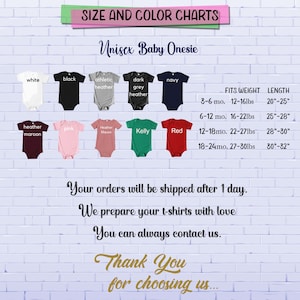Op de afbeelding: Maat- en kleurenkaart voor unisex baby onesies. De kaart toont verschillende kleuren en maten met bijbehorende gewichts- en lengtemetingen. De onesies zijn verkrijgbaar in wit, zwart, atletiek heather, donkergrijs heather, marine, heather maroon, roze, heather mauve, kelly groen en rood.