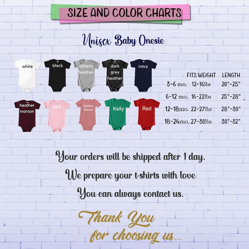 Op de afbeelding: Maat- en kleurenkaart voor unisex baby onesies. De kaart toont verschillende kleuren en maten met bijbehorende gewichts- en lengtemetingen. De onesies zijn verkrijgbaar in wit, zwart, atletiek heather, donkergrijs heather, marine, heather maroon, roze, heather mauve, kelly groen en rood.
