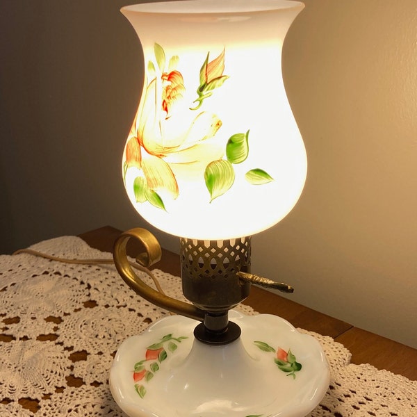 Roses on a White MIlk Glass Candle Lamp Herald Spring in Hand-Painting