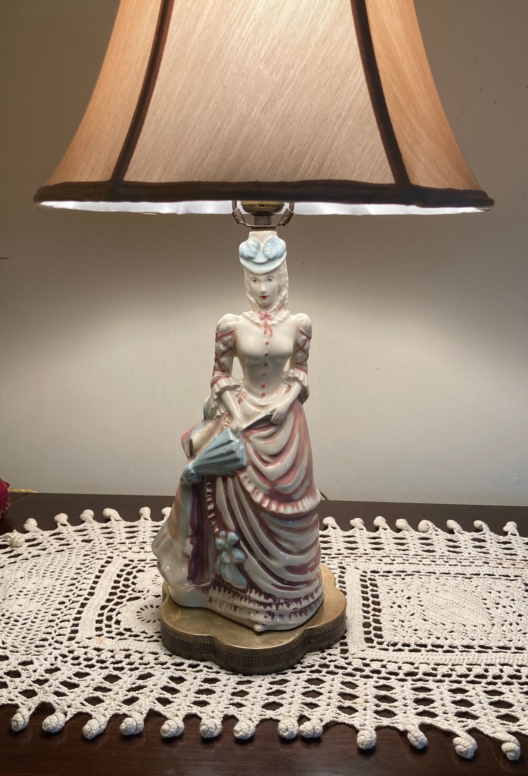 Unique Antique Figural Table Lamp, Victorian Lady With Parasol