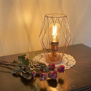 May include: A copper-colored geometric wireframe lamp with a lit Edison bulb. The lamp sits on a wooden base and a white lace doily. Dried red roses and green leaves are on a dark brown surface.