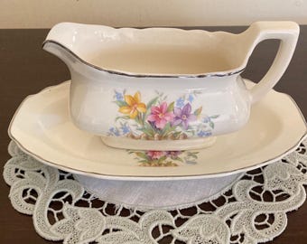 Vintage W.S. George Floral Gravy Boat with Underplate, White Lido