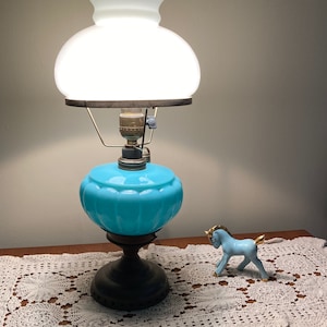 Antique Converted Kerosene Lamp in Beautiful Opalescent Turquoise Blue Glass, Price Reduced!
