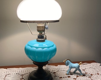 Antique Converted Kerosene Lamp in Beautiful Opalescent Turquoise Blue Glass, Price Reduced!