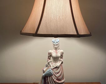 Unique Antique Figural Table Lamp, Victorian Lady With Parasol