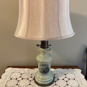 FREE SHIPPING!  Classic Victorian Scene on Lovely Sage Green table lamp, 25&quot; Tall in original condition