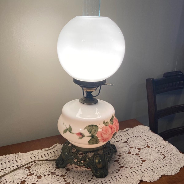 Classic Hand-Painted Rose Beauty; Vintage Electric Hurricane Lamp, 22"