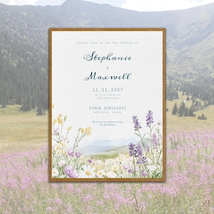 Editable Floral Daisy Customizable Wedding Invitation Vintage Template Watercolor Invite Mountain Flower Theme Belle Epoque Vintage Templett