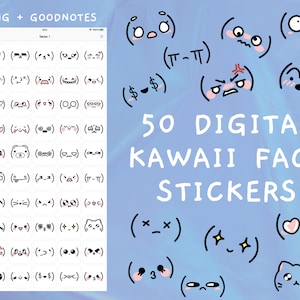 Kawaii Faces Digital Stickers 50 Pack, Emotion Stickers, Kawaii Face Stickers, Goodnotes, PNGs, Planner Stickers, iPad Stickers, Pre-cropped