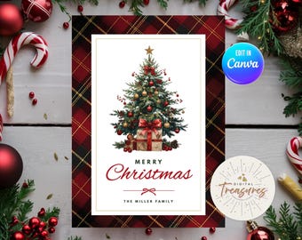 EDITABLE Vintage Plaid Christmas Card - Tartan Plaid Christmas Tree - DIY Christmas Card - Canva Template (Digital Download) XMAS01125