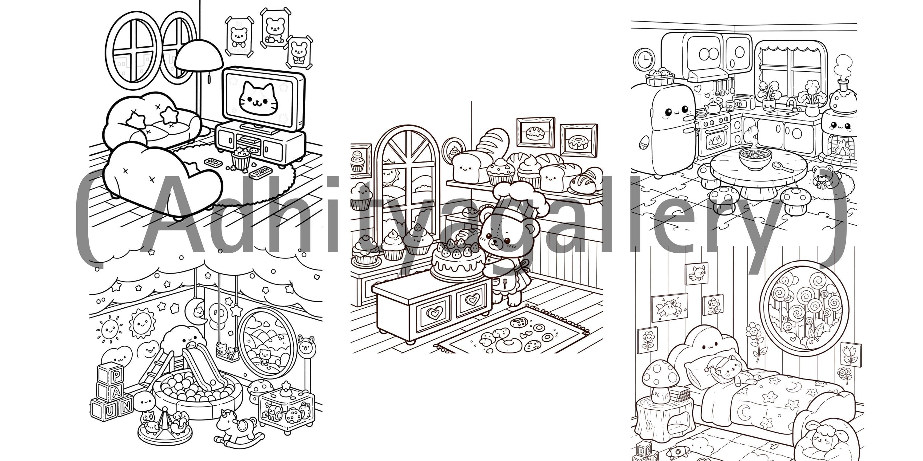 Relieved Chibi Cozy Chibi Room Coloring Pages, Bold Line Art, Stress Relief (digital ...