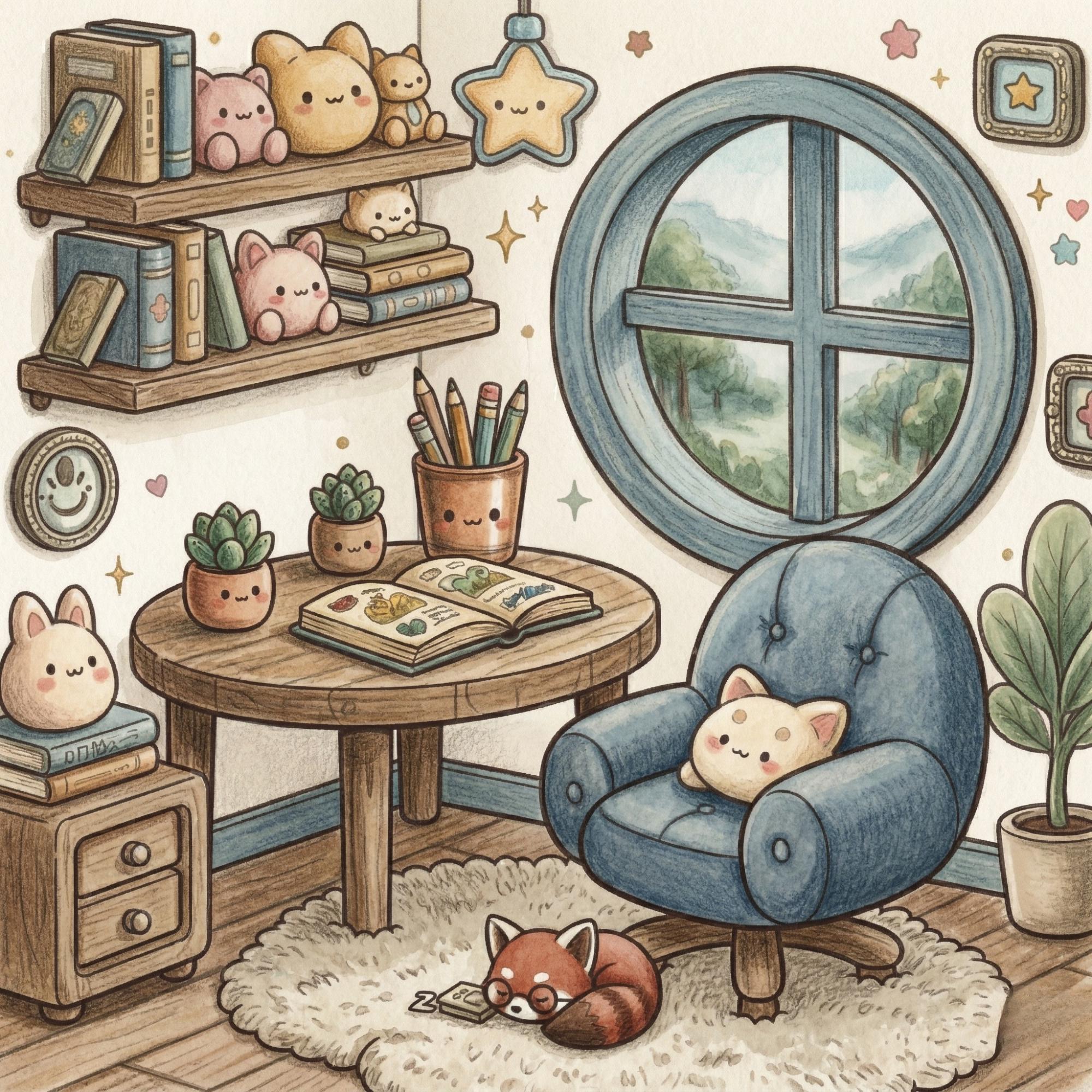 Relieved Chibi Cozy Chibi Room Coloring Pages, Bold Line Art, Stress Relief (digital ...