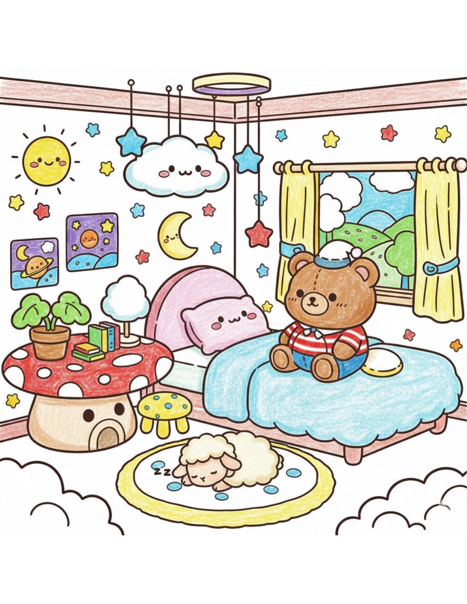 Relieved Chibi Cozy Chibi Room Coloring Pages, Bold Line Art, Stress Relief (digital ...