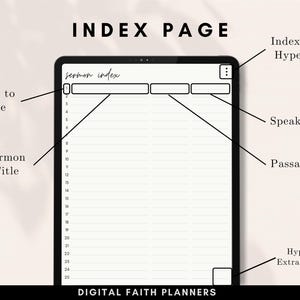 May include: A digital planner page with a sermon index, including fields for sermon title, speaker, passage, and page number. The page is designed for organizing and tracking sermons.