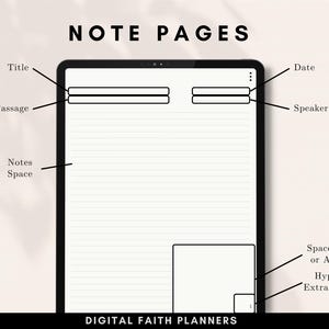 May include: A digital planner template for taking notes. The template includes sections for a title, passage, notes, date, speaker, and a space for a quote or application. The template also includes a hyperlink to extra note pages.