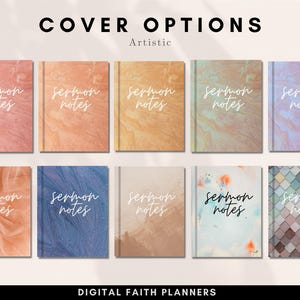 May include: Ten different digital planner cover options with an artistic theme. Each cover features a different abstract design and the text "sermon notes".